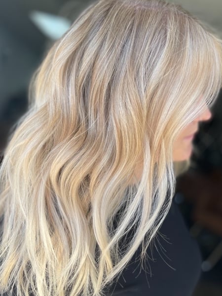 Image of  Women's Hair, Blowout, Hair Color, Balayage, Blonde, Foilayage, Full Color, Highlights, Hair Length, Shoulder Length, Haircuts, Blunt, Layered, Beachy Waves, Hairstyles