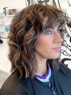 View Women's Hair, Balayage, Hair Color, Blonde, Foilayage, Hair Length, Shoulder Length, Blunt, Haircuts, Bob, Curly, Layered, Beachy Waves, Hairstyles, Curly - Kalie Clunk, North Olmsted, OH