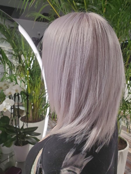 Image of  Women's Hair, Blowout, Blonde, Hair Color, Highlights, Full Color, Silver, Shoulder Length, Hair Length, Layered, Haircuts
