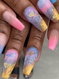 View Nails, Acrylic, Nail Finish, Nail Length, Long, Beige, Nail Color, Gold, Glitter, Pink, Pastel, Purple, Nail Jewels, Nail Style, Mix-and-Match, Ombré, Nail Shape, Ballerina - Sangria Duncan, Durham, NC