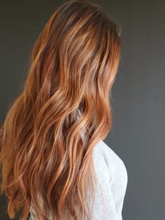 View Long Hair (Mid Back Length), Red, Highlights, Foilayage, Brunette Hair, Blonde, Balayage, Women's Hair, Hair Color, Hairstyle, Beachy Waves, Hair Length - Air Martinez, Colorado Springs, CO