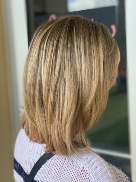 Image of  Women's Hair, Blowout, Hair Color, Blonde, Highlights, Foilayage, Shoulder Length, Hair Length, Layered, Haircuts, Straight, Hairstyles, Permanent Hair Straightening