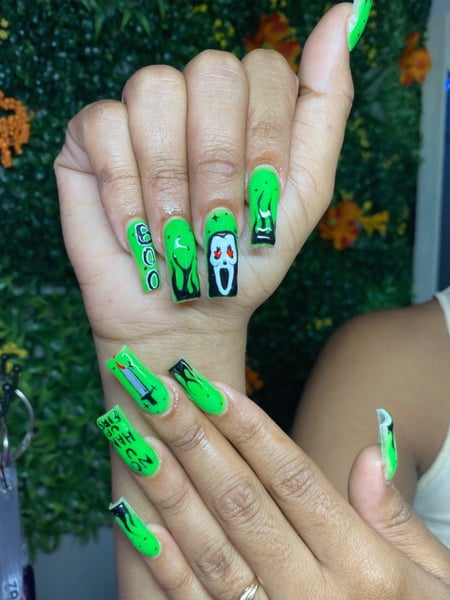 Image of  Nails, Acrylic, Nail Finish, Medium, Nail Length, Green, Nail Color, Black, Hand Painted, Nail Style, Square, Nail Shape