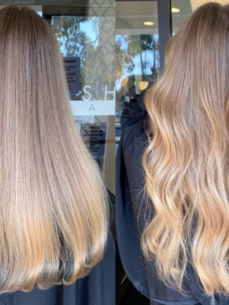 Image of  Women's Hair, Balayage, Hair Color, Blowout, Blonde, Color Correction, Foilayage, Fashion Color, Full Color, Highlights, Ombré, Long, Hair Length, Medium Length, Blunt, Haircuts, Beachy Waves, Hairstyles, Straight, Permanent Hair Straightening