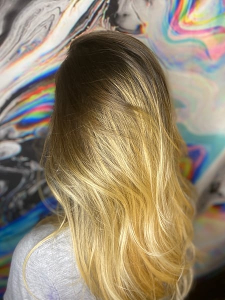 Image of  Women's Hair, Hair Color, Balayage, Blowout, Blonde, Ombré, Medium Length, Hair Length
