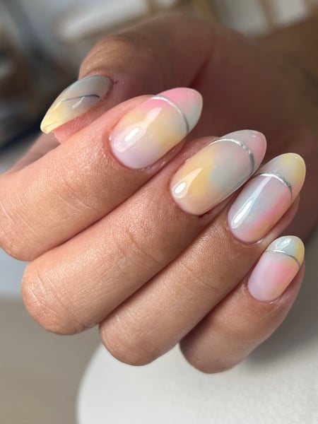Image of  Manicure, Nails, Medium, Nail Length, Nail Art, Nail Style, Ombré, Hand Painted, Nail Color, Yellow, Green, Blue, Purple, Pink, Pastel, Gel, Nail Finish, Almond, Nail Shape, Round