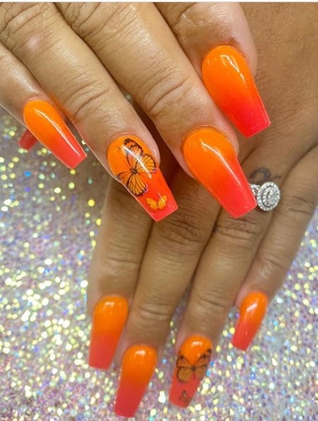 Image of  Nails, Manicure, Nail Color, Red, Orange, Acrylic, Nail Finish, Long, Nail Length, Coffin, Nail Shape, Stickers, Nail Style, Gel