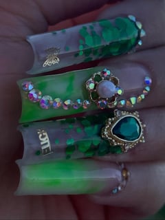 View Manicure, Nails, Nail Length, Long, XL, XXL, Medium, Short, Nail Art, Nail Style, Airbrush, Accent Nail, Ombré, 3D, Mix-and-Match, Hand Painted, Nail Jewels, Light Green, Nail Color, Green, Beige, Glass, Clear, Gold, Glitter, Edge, Nail Shape, Square - Genesis De Leon, Providence, RI