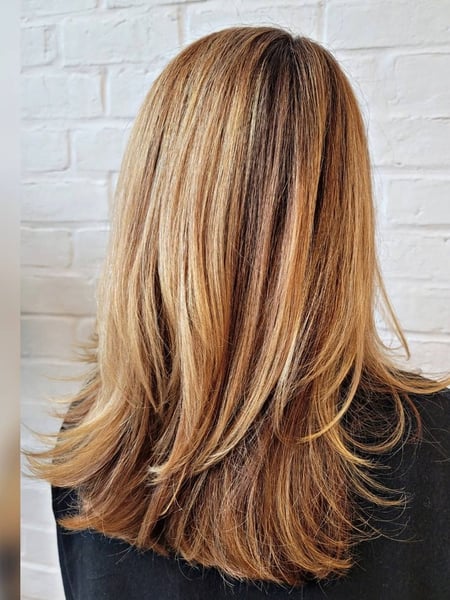 Image of  Women's Hair, Blowout, Hair Color, Balayage, Blonde, Brunette, Color Correction, Foilayage, Full Color, Highlights, Red, Hair Length, Medium Length, Haircuts, Layered, Straight, Hairstyles