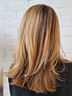View Women's Hair, Hairstyle, Straight, Layers, Haircut, Long Hair (Upper Back Length), Hair Length, Red, Highlights, Full Color, Foilayage, Color Correction, Brunette Hair, Blonde, Balayage, Hair Color, Blowout - Kristi Salvato, Houston, TX