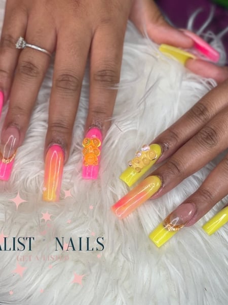 Image of  Nails, Acrylic, Nail Finish, Long, Nail Length, Pink, Nail Color, Yellow, Accent Nail, Nail Style, Square, Nail Shape