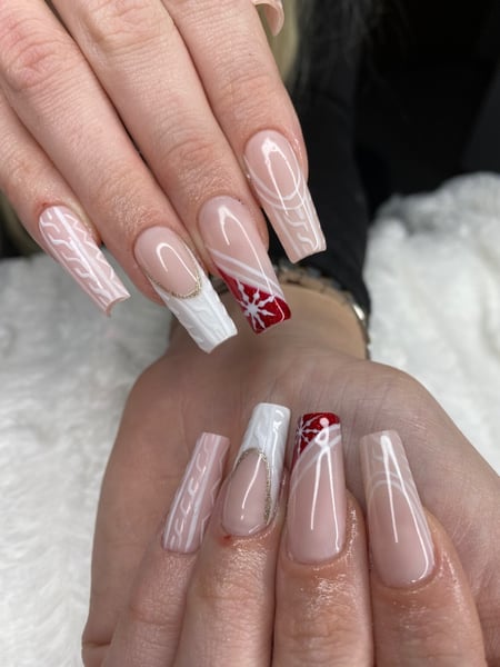 Image of  Nails, White, Nail Art, Gel, Hand Painted, Glitter, Nail Style, Nail Color, Nail Length, French Manicure, Nail Finish, Long, Gold, Beige, Nail Shape, Square