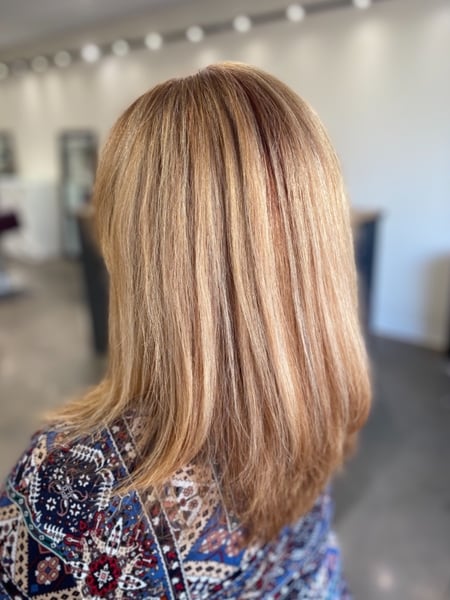 Image of  Women's Hair, Foilayage, Hair Color, Highlights, Red, Blonde, Shoulder Length Hair, Hair Length, Bangs, Haircut, Layers, Straight, Hairstyle, Keratin, Smoothing 