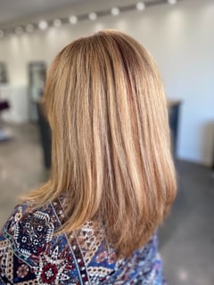 View Blonde, Women's Hair, Foilayage, Hair Color, Highlights, Red, Shoulder Length Hair, Hair Length, Bangs, Haircut, Layers, Straight, Hairstyle, Keratin, Smoothing  - Kaitlyn Tipton, Conway, AR