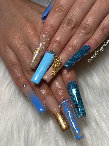 Image of  Nails, Acrylic, Nail Finish, XL, Nail Length, Beige, Nail Color, Blue, Glitter, Gold, Metallic, Accent Nail, Nail Style, Hand Painted, Nail Jewels, Mix-and-Match, Nail Art, Ombré, 3D, Square, Nail Shape