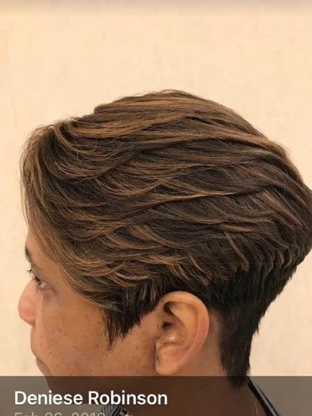 Image of  Layered, Haircuts, Women's Hair, Blowout, Hairstyles, Curly, Perm, Perm Relaxer, Highlights, Hair Color, Short Ear Length, Hair Length