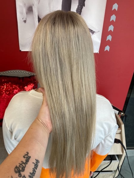 Image of  Women's Hair, Blonde, Hair Color, Color Correction, Foilayage, Fashion Color, Hair Length, Long, Layered, Haircuts, Straight, Hairstyles, Permanent Hair Straightening, Keratin