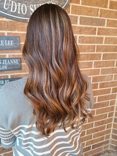 View Women's Hair, Balayage, Hair Color, Brunette, Foilayage, Medium Length, Hair Length, Long, Layered, Haircuts, Beachy Waves, Hairstyles - Justyna Taunt, Wheaton, IL