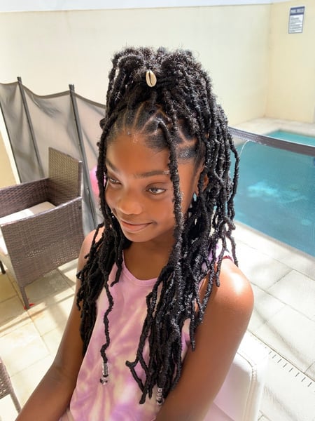 Image of  Haircut, Kid's Hair, Girls, Locs, Hairstyle, Braiding (African American), Protective Styles, Updo