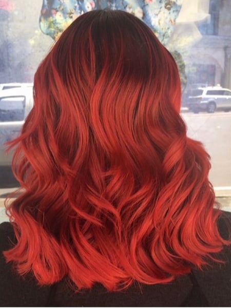 Image of  Layered, Haircuts, Women's Hair, Curly, Blowout, Curly, Hairstyles, Beachy Waves, Red, Hair Color, Full Color, Fashion Color, Ombré, Balayage, Hair Length, Long, Shoulder Length