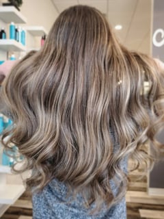 View Women's Hair, Blonde, Hair Color, Brunette, Foilayage, Long, Hair Length, Blunt, Haircuts, Layered, Beachy Waves, Hairstyles - Justine Junae, Rapid City, SD
