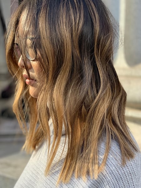 Image of  Women's Hair, Hair Color, Balayage, Blonde, Highlights, Foilayage, Hair Length, Shoulder Length, Layered, Haircuts, Beachy Waves, Hairstyles, Curly, Weave