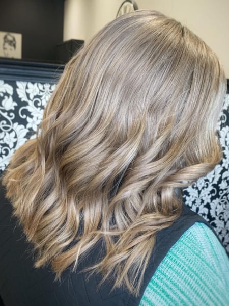 Image of  Women's Hair, Hair Color, Blowout, Balayage, Blonde, Color Correction, Foilayage, Highlights, Silver, Short Chin Length, Hair Length, Shoulder Length, Medium Length, Blunt, Haircuts, Layered, Beachy Waves, Hairstyles, Curly, Natural