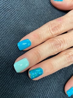 View Nails, Gel, Nail Finish, Glitter, Nail Color, Light Green, Blue, Square, Nail Shape - Jaylin McKinney, Evansville, IN