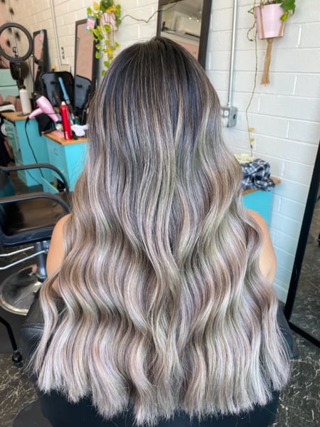 Image of  Women's Hair, Color Correction, Hair Color, Highlights, Full Color, Foilayage, Fashion Hair Color, Blonde, Balayage, Long Hair (Mid Back Length), Hair Length, Blunt (Women's Haircut), Haircut, Beachy Waves, Hairstyle