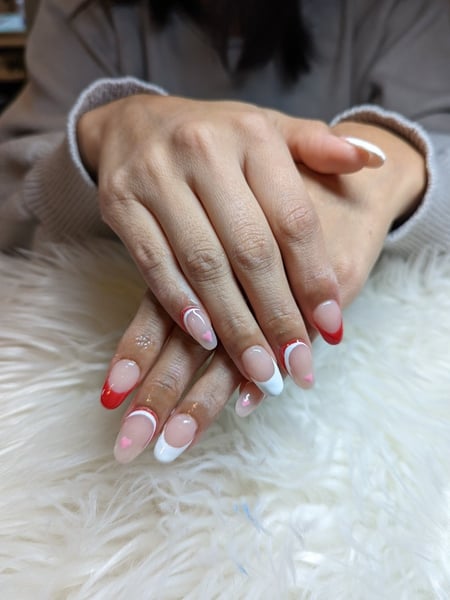 Image of  Nails, Acrylic, Nail Finish, Short, Nail Length, Pink, Nail Color, Red, White, Accent Nail, Nail Style, French Manicure, Hand Painted, Mix-and-Match, Almond, Nail Shape, Round, Oval