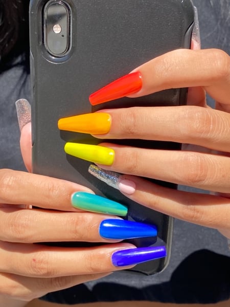 Image of  Nails, Gel, Nail Finish, Long, Nail Length, Coffin, Nail Shape, Hand Painted, Nail Style, Purple, Nail Color, Red, Yellow, Orange, Green, Light Green, Glitter, Clear, Blue, Beige