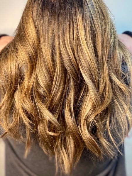 Image of  Women's Hair, Hair Color, Balayage, Brunette, Foilayage, Highlights, Hair Length, Medium Length, Long, Layered, Haircuts, Beachy Waves, Hairstyles, Curly