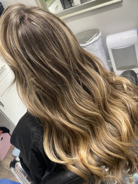 Image of  Women's Hair, Blowout, Hair Color, Balayage, Blonde, Brunette Hair, Foilayage, Full Color, Highlights, Long Hair (Mid Back Length), Hair Length, Layers, Haircut, Beachy Waves, Hairstyle, Curls