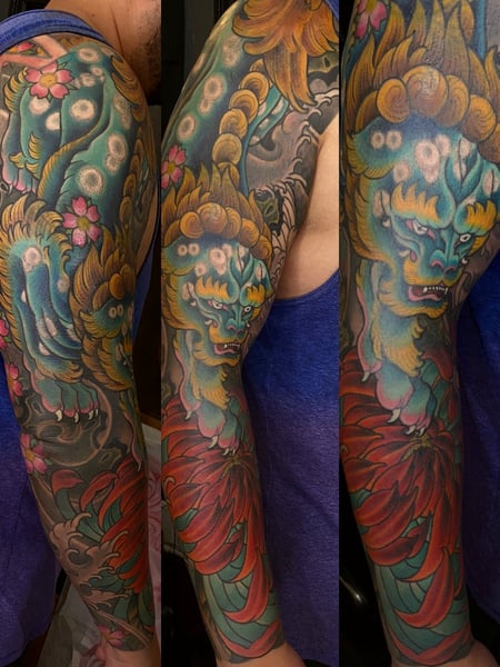 Image of  Tattoos, Tattoo Style, Tattoo Bodypart, Tattoo Colors, Japanese, Shoulder, Arm , Forearm , Wrist , Blue, Gold, Red