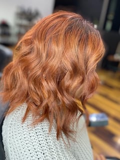View Layers, Smoothing , Curls, Hairstyle, Beachy Waves, Haircut, Bob, Shoulder Length Hair, Hair Length, Red, Full Color, Foilayage, Fashion Hair Color, Balayage, Hair Color, Women's Hair - Mitzy Aguilar, Escondido, CA