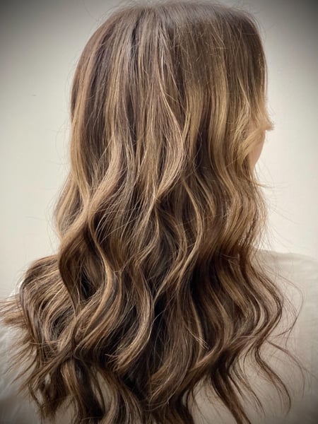Image of  Women's Hair, Balayage, Hair Color, Brunette, Highlights, Medium Length, Hair Length, Blunt, Haircuts, Curly, Beachy Waves, Hairstyles