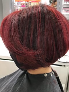 View Bob, Haircuts, Women's Hair, Shaved, Blowout, Red, Hair Color, Highlights, Fashion Color, Short Ear Length, Hair Length - Monique Williams, Downey, CA