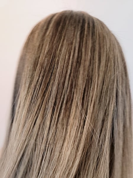 Image of  Women's Hair, Blowout, Hair Color, Blonde, Color Correction, Foilayage, Highlights, Silver, Hairstyles, Straight