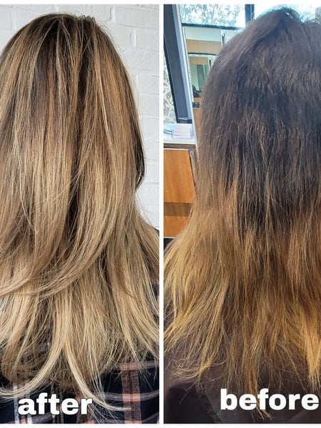 Image of  Women's Hair, Blowout, Hair Color, Balayage, Blonde, Brunette, Color Correction, Foilayage, Highlights, Hair Length, Long, Haircuts, Layered, Hairstyles, Straight