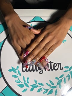 View Nails, Nail Shape, Square, French Manicure, Nail Art, Nail Style, Mix-and-Match, White, Red, Purple, Glitter, Clear, Nail Color, Blue, Nail Length, Long, Nail Finish, Acrylic - Chenell Parker, Lake City, GA