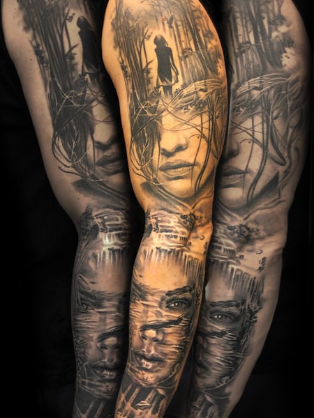 Image of  Tattoos, Tattoo Style, Tattoo Bodypart, Black & Grey, Portrait, Realism, Arm 