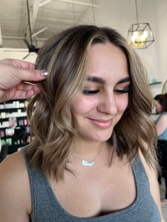 View Shoulder Length, Hair Length, Women's Hair, Layered, Haircuts, Brunette, Hair Color, Foilayage, Color Correction, Balayage, Curly, Hairstyles - Monica Cantu, Peoria, AZ
