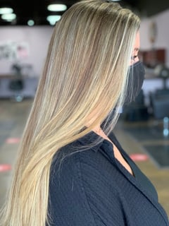 View Hair Color, Hairstyle, Straight, Haircut, Layers, Hair Length, Long Hair (Mid Back Length), Highlights, Foilayage, Brunette Hair, Women's Hair, Blonde, Balayage - Stacie McRae, Cumming, GA