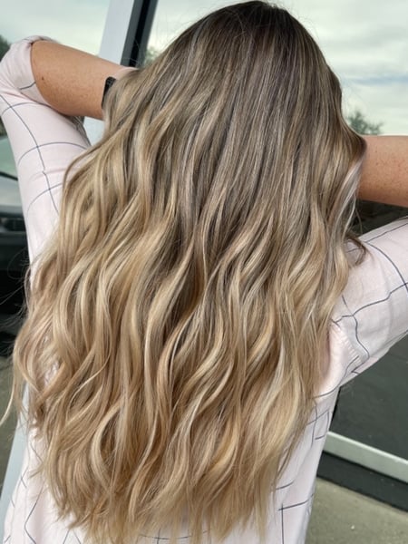 Image of  Women's Hair, Blowout, Hair Color, Balayage, Blonde, Foilayage, Highlights, Hair Length, Long, Curly, Haircuts, Layered, Beachy Waves, Hairstyles, Curly