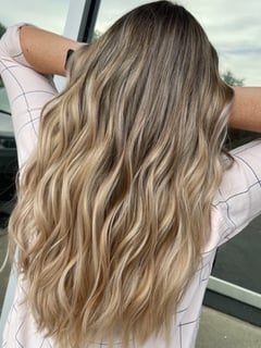 View Haircut, Curls, Hairstyle, Beachy Waves, Layers, Curly, Long Hair (Mid Back Length), Hair Length, Highlights, Foilayage, Blonde, Balayage, Hair Color, Blowout, Women's Hair - Ashley Blevins, Oviedo, FL