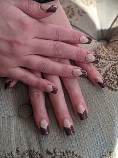 View Squoval, Nail Shape, Hand Painted, Nail Style, French Manicure, Brown, Nail Color, Beige, Nail Length, Short, Nail Finish, Gel, Nails - Galaxie Pendleton, Ames, IA