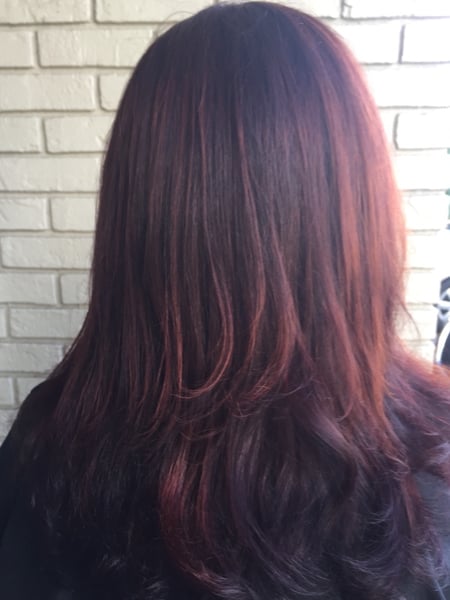 Image of  Women's Hair, Blowout, Hair Color, Ombré, Red, Medium Length, Hair Length, Layered, Haircuts