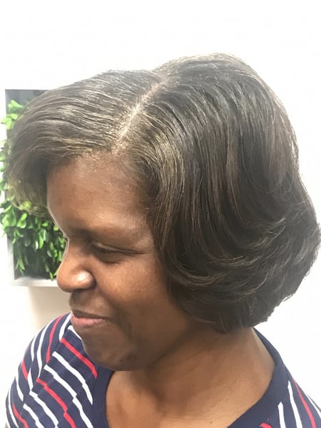 Image of  Layered, Haircuts, Women's Hair, Blowout, Perm Relaxer, Perm, Brunette, Hair Color, Full Color, Shoulder Length, Hair Length