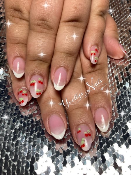 Image of  Nails, Hand Painted, Nail Style, Oval, Nail Shape, French Manicure, Red, Nail Color, White, Short, Nail Length, Acrylic, Nail Finish