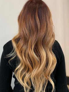 View Women's Hair, Hairstyle, Beachy Waves, Hair Length, Long Hair (Mid Back Length), Red, Blonde, Balayage, Hair Color, Brunette Hair - Brenna, Leawood, KS